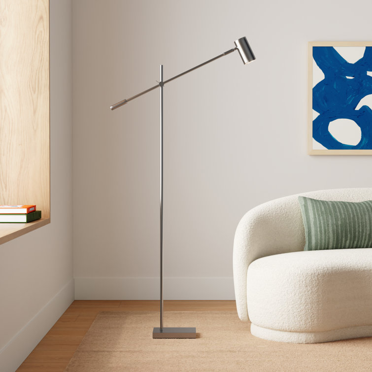 Sleek Brushed Steel LED Floor Lamp with Touch Sensor and Adjustable Arm