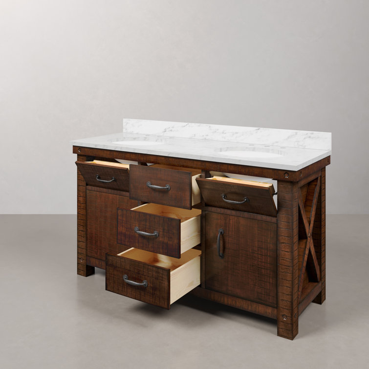 Rustic Sierra Double Sink Bathroom Vanity with Carrara White Marble Top