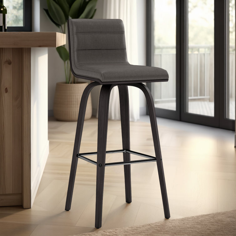 Gray Faux Leather and Wood Swivel Bar Stool