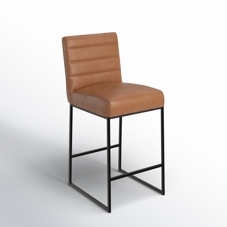 Cognac Brown Leather and Black Metal Swivel Counter Stool
