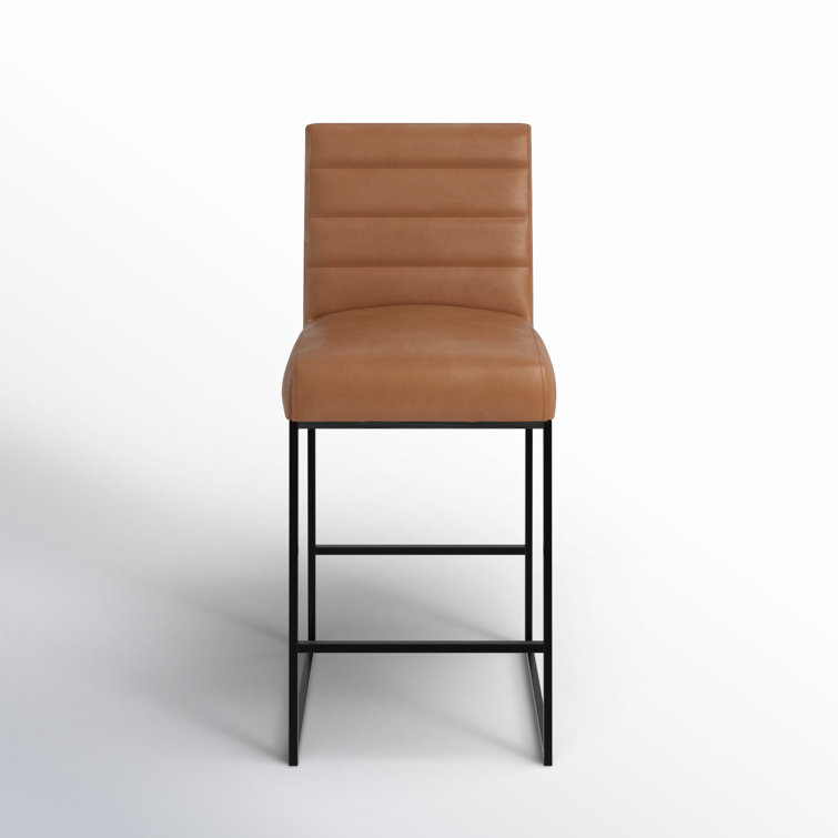 Cognac Brown Leather and Black Metal Swivel Counter Stool