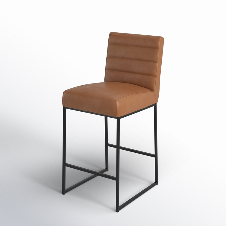 Cognac Brown Leather and Black Metal Swivel Counter Stool