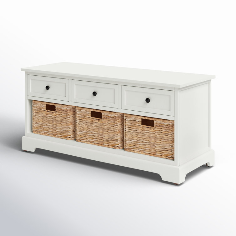 Distressed Cream Pine Storage Bench with 3 Drawers & Wicker Baskets