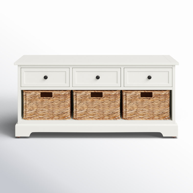 Distressed Cream Pine Storage Bench with 3 Drawers & Wicker Baskets