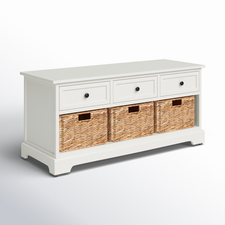 Distressed Cream Pine Storage Bench with 3 Drawers & Wicker Baskets