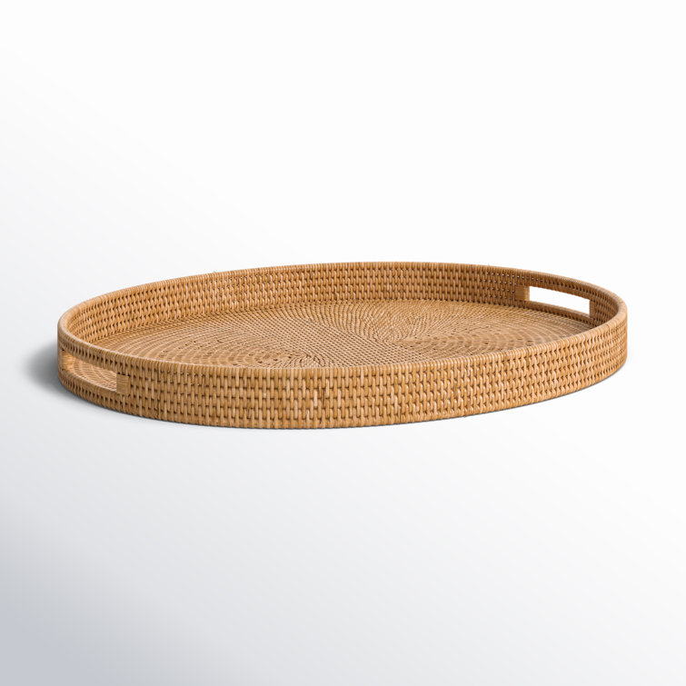 Honey Brown Oval Rattan Ottoman Tray with Cutout Handles