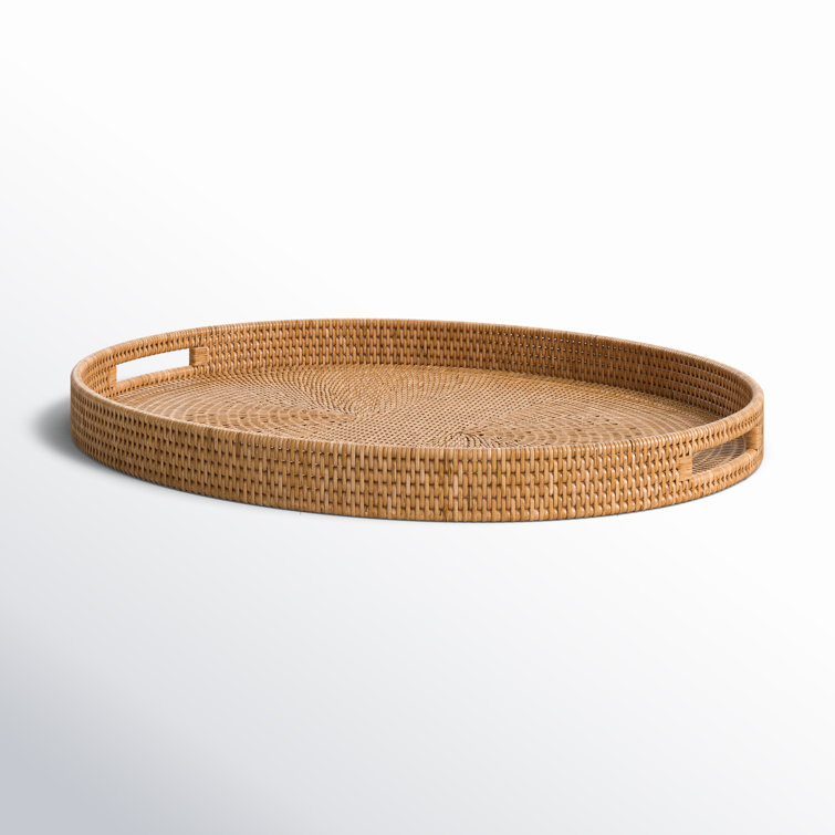 Honey Brown Oval Rattan Ottoman Tray with Cutout Handles