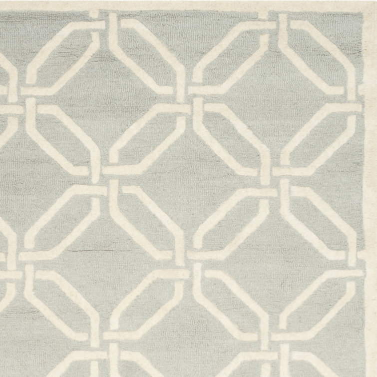 Light Grey and Ivory Hand-Tufted Wool Geometric Rug, 6' x 6'