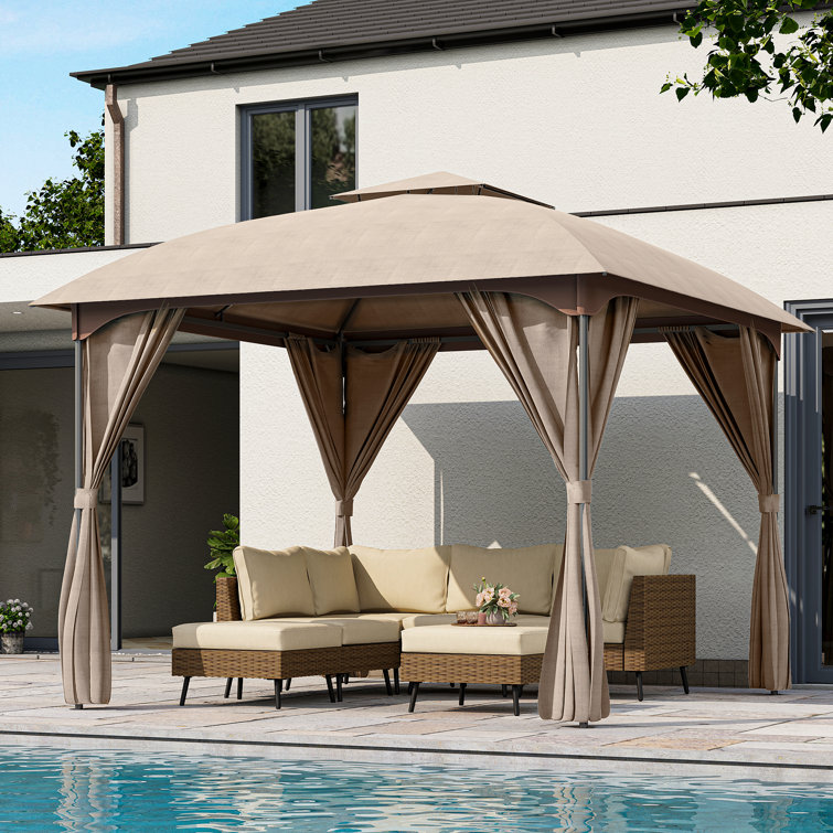 10x10 Khaki Steel Patio Gazebo with Privacy Curtains