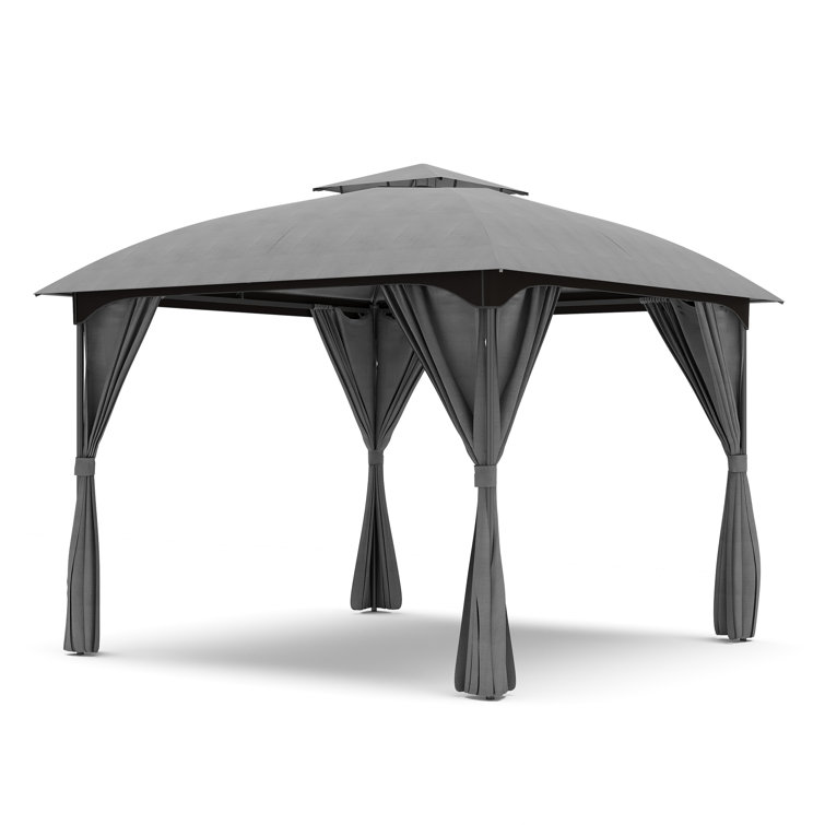 10x10 Gray Steel Patio Gazebo with Privacy Curtains