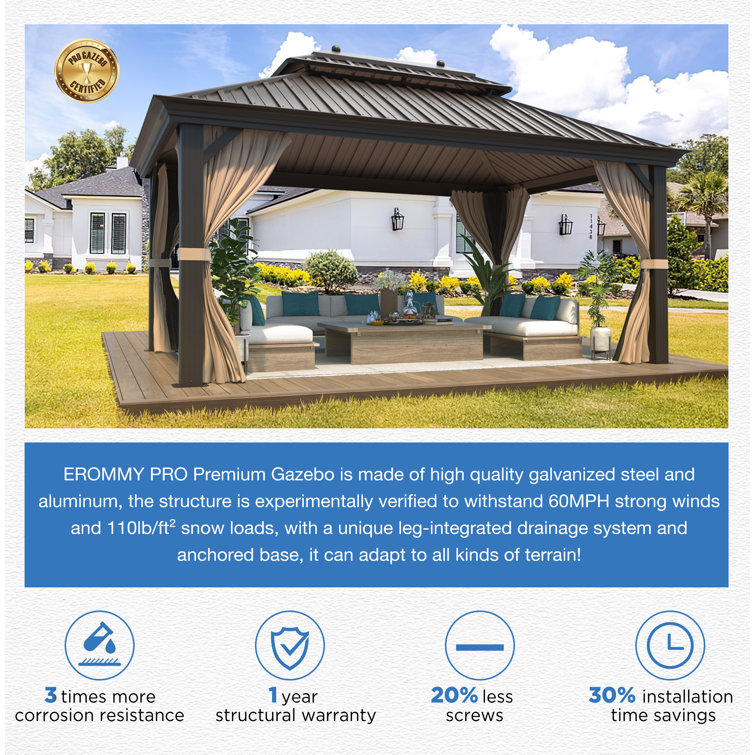 Erommy 12' x 20' Double Roof Steel Hardtop Gazebo with Curtains