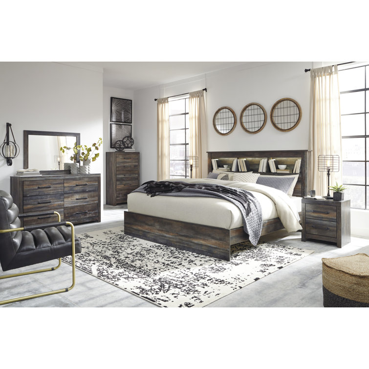 Rustic Industrial King Bookcase Headboard with LED Light, Weatherworn Brown
