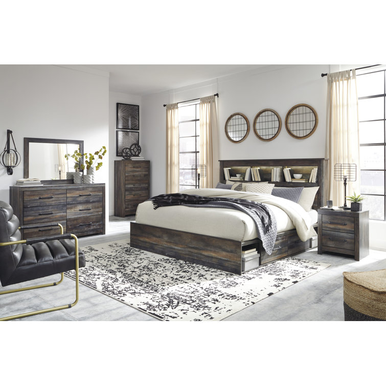 Rustic Industrial King Bookcase Headboard with LED Light, Weatherworn Brown
