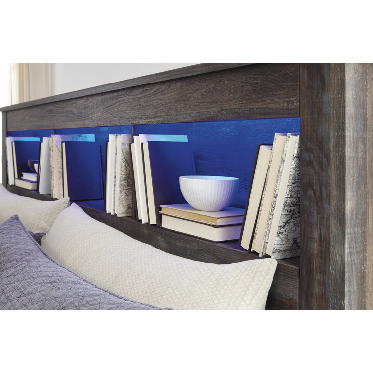 Rustic Industrial King Bookcase Headboard with LED Light, Weatherworn Brown