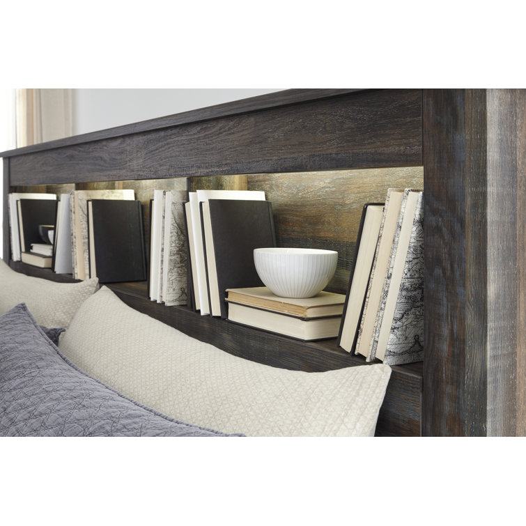 Rustic Industrial King Bookcase Headboard with LED Light, Weatherworn Brown