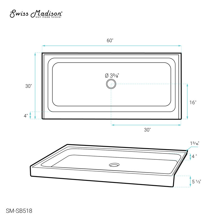 Voltaire 60" x 30" Glossy White Acrylic Shower Base