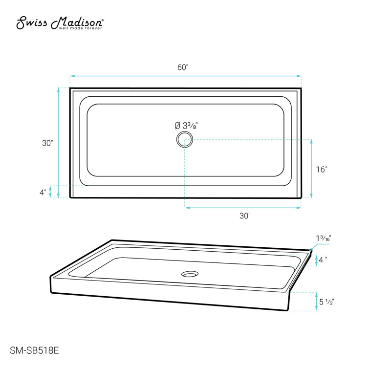 Voltaire Gray Acrylic Single-Threshold Shower Base, 60" x 30"