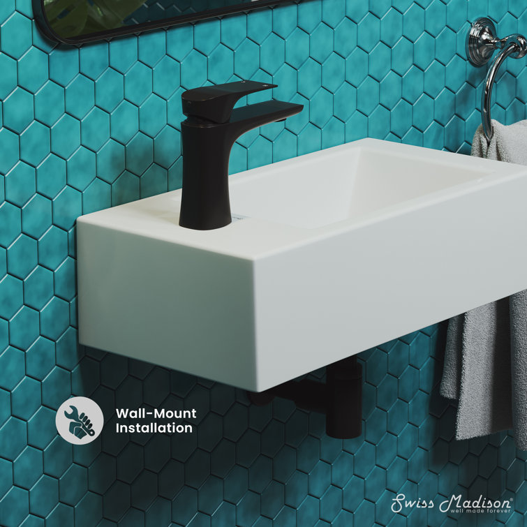 Glossy White Rectangular Ceramic Wall-Mount Sink with Left Faucet