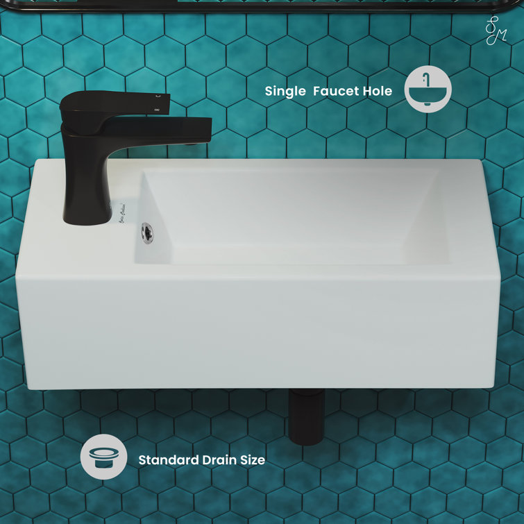 Glossy White Rectangular Ceramic Wall-Mount Sink with Left Faucet