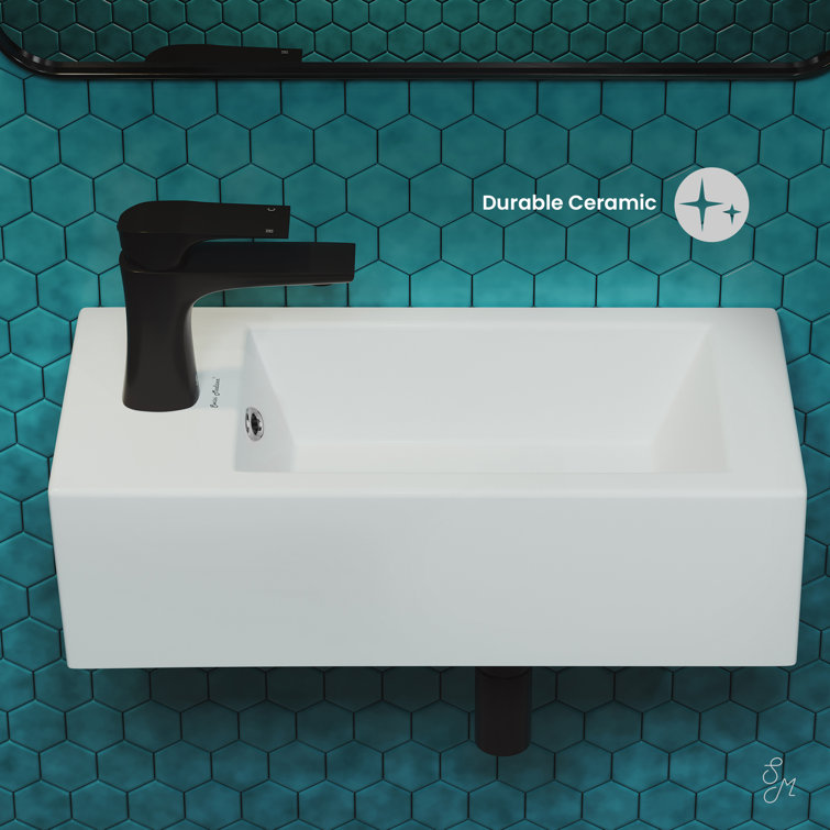 Glossy White Rectangular Ceramic Wall-Mount Sink with Left Faucet