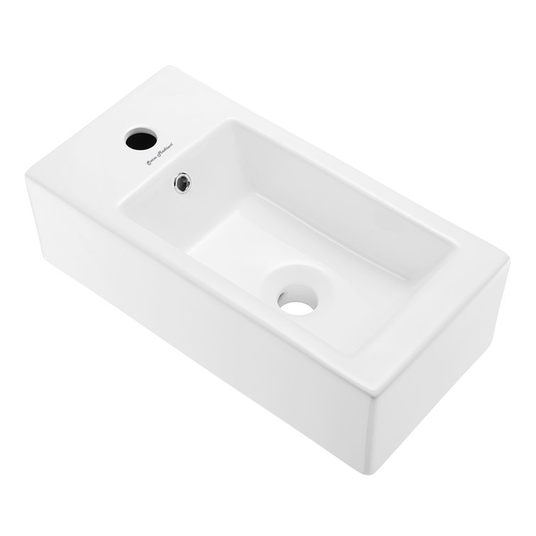 Glossy White Rectangular Ceramic Wall-Mount Sink with Left Faucet