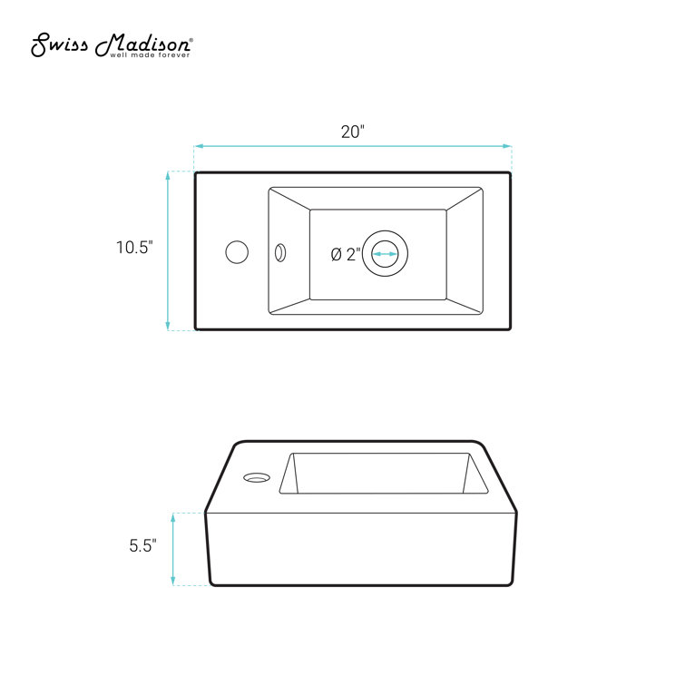 Glossy White Rectangular Ceramic Wall-Mount Sink with Left Faucet