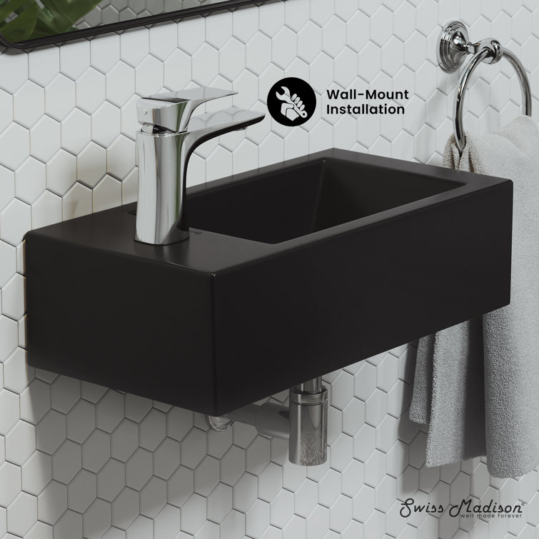 Matte Black Rectangular Ceramic Wall-Mounted Sink with Left Side Faucet