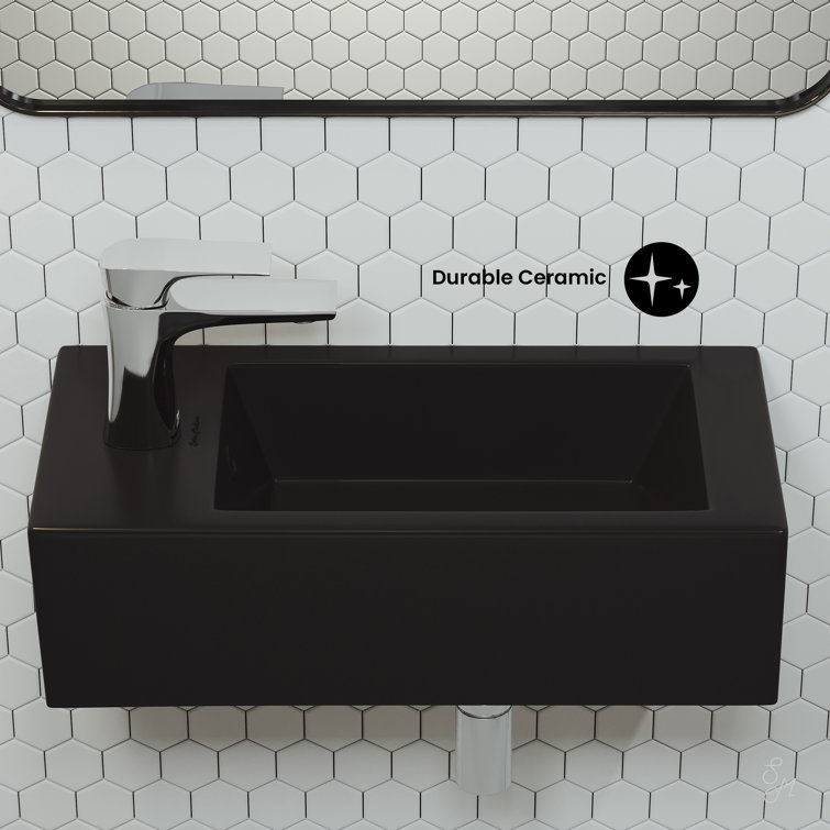 Matte Black Rectangular Ceramic Wall-Mounted Sink with Left Side Faucet
