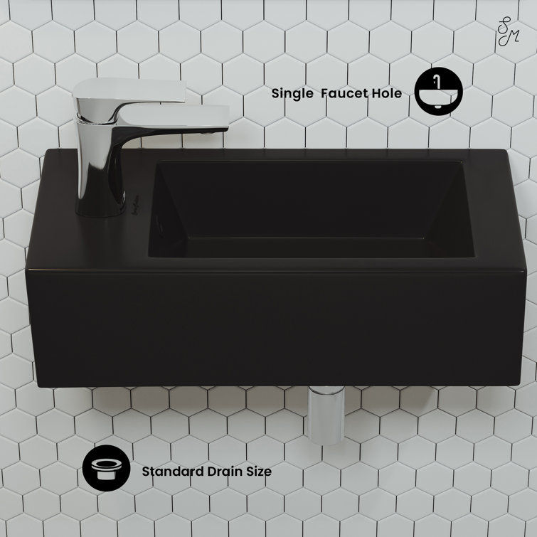 Matte Black Rectangular Ceramic Wall-Mounted Sink with Left Side Faucet