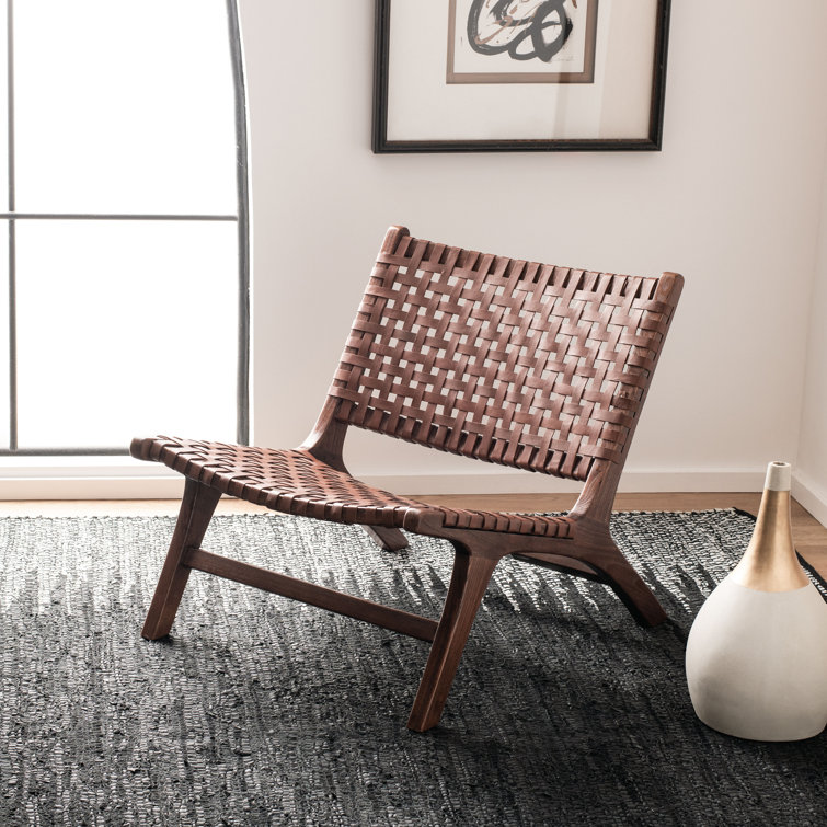 Cognac Brown Leather & Sungkai Wood Transitional Side Chair