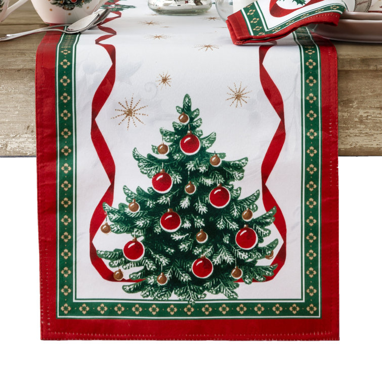 Festive Christmas Tree Polyester Table Runner with Trim Embellishment