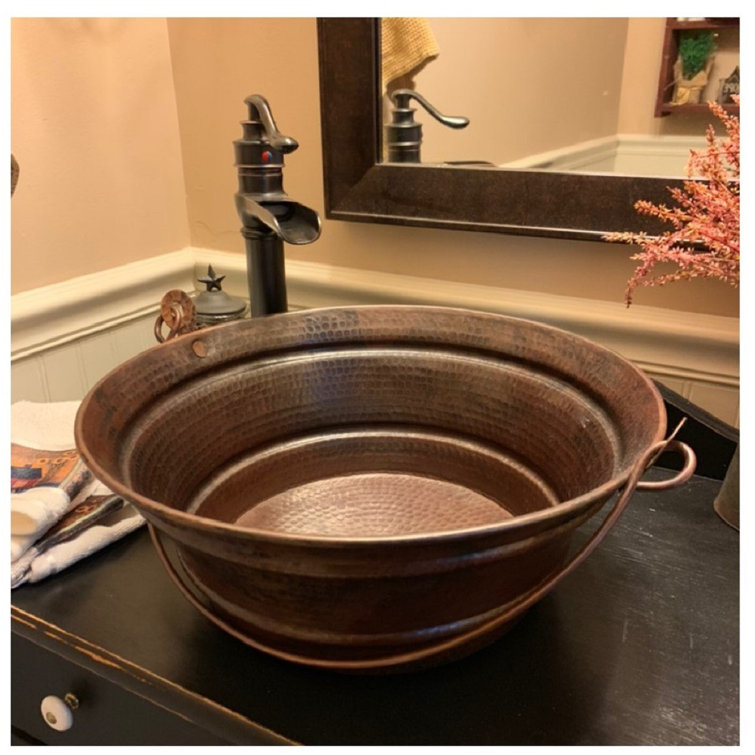 15'' Round Hand-Hammered Copper Vessel Sink with Pop-Up Drain