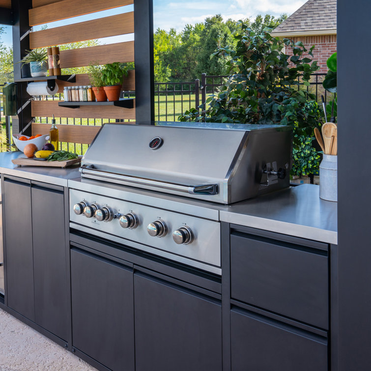 Fusion Flame Black Stainless Steel Outdoor Kitchen with Grill and Refrigerator