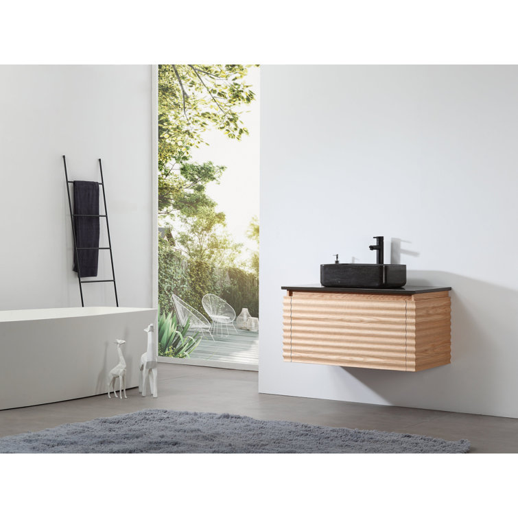 Orcus 36'' Maple Wood Wall-Mount Single Sink Vanity with Black Quartz