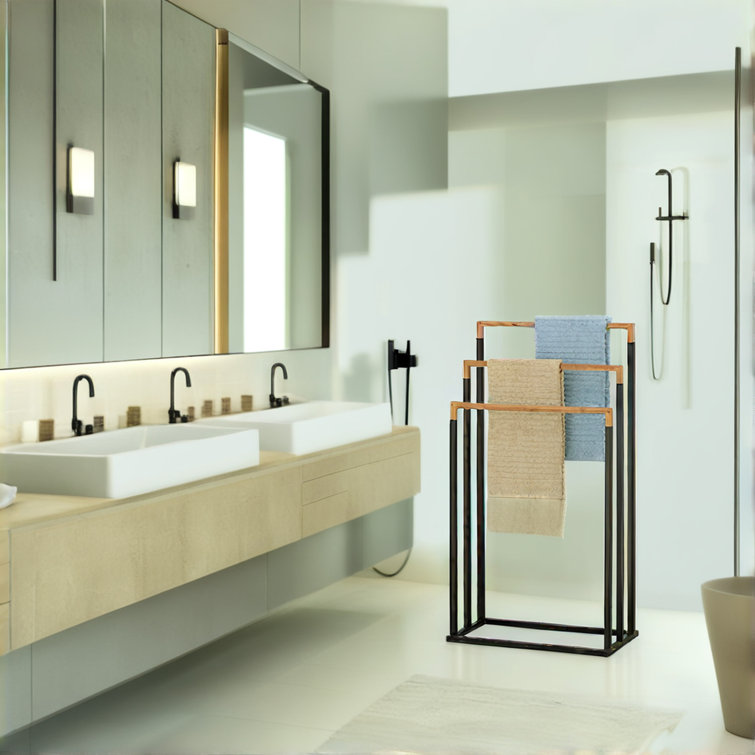 Black Metal and Bamboo 3-Tier Freestanding Towel Rack