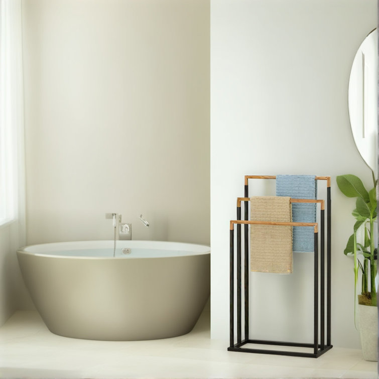 Black Metal and Bamboo 3-Tier Freestanding Towel Rack