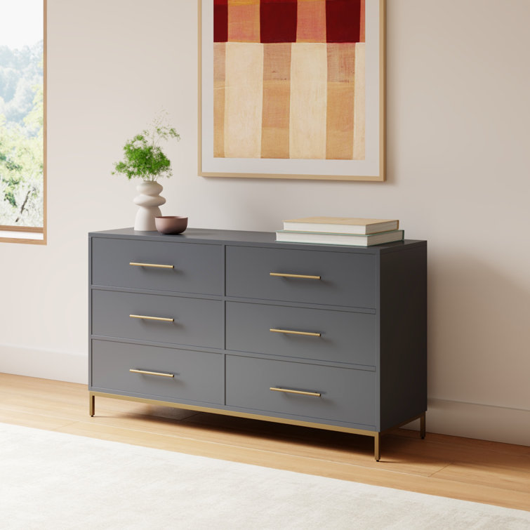 Slate Gray Mahogany 6-Drawer Dresser with Gold Accents