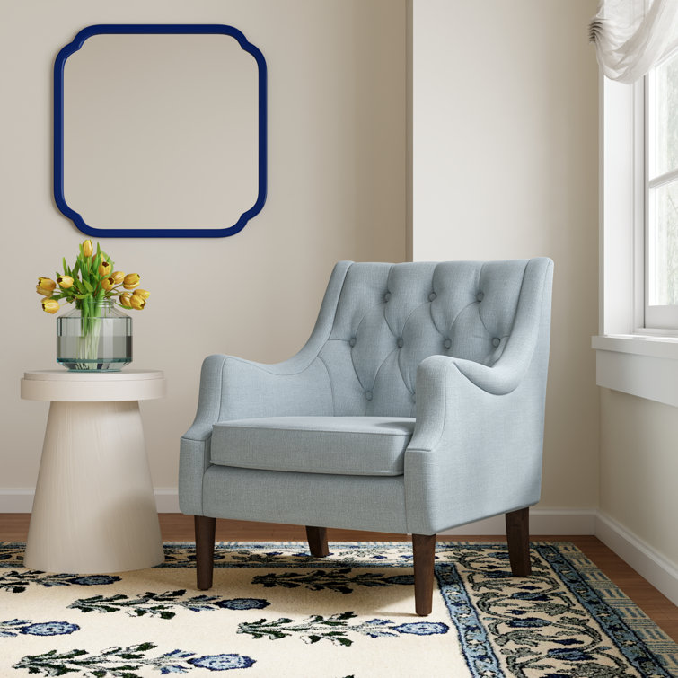 Dusty Blue Serpentine Wood Accent Chair with Tufted Back