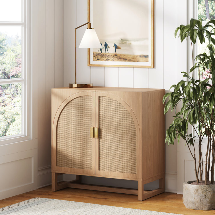 Raw Oak Freestanding Accent Cabinet with Rattan Doors