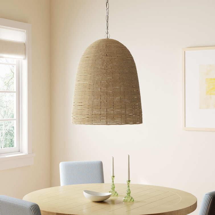 Elysian Off-White Bowl Pendant with Mango Wood Beads and E26 Bulb
