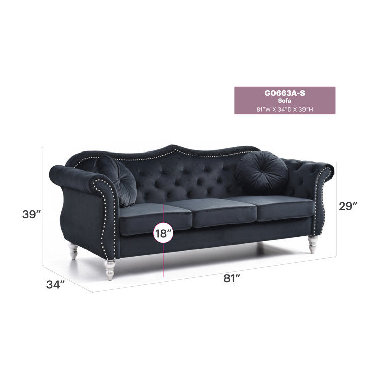 Hollywood Glam 82'' Tufted Black Velvet Sofa with Nailhead Accents