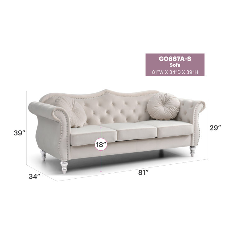 Ivory Tufted Velvet Sofa with Nailhead Trim and Wood Legs