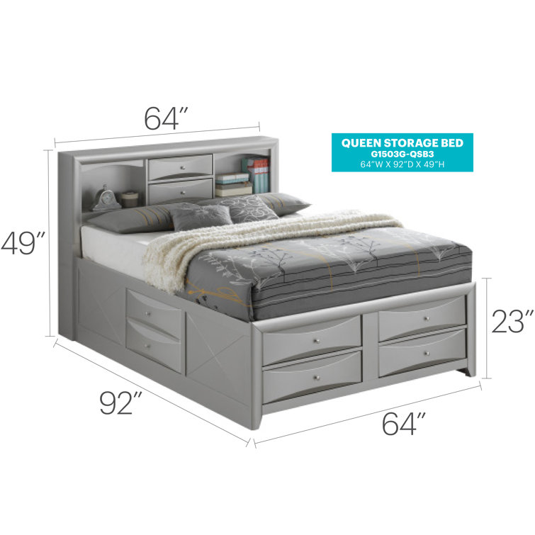 Silver Queen Wood Frame Bookcase Storage Bed with Drawers