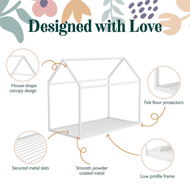 Twin White Metal Montessori House Bed with Canopy Frame