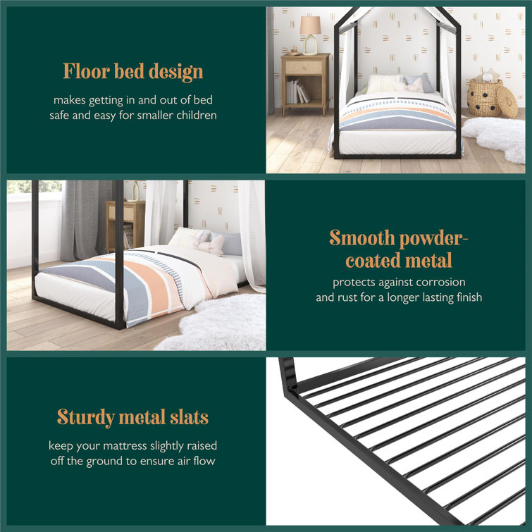 Black Metal Twin Montessori House Bed with Canopy Frame