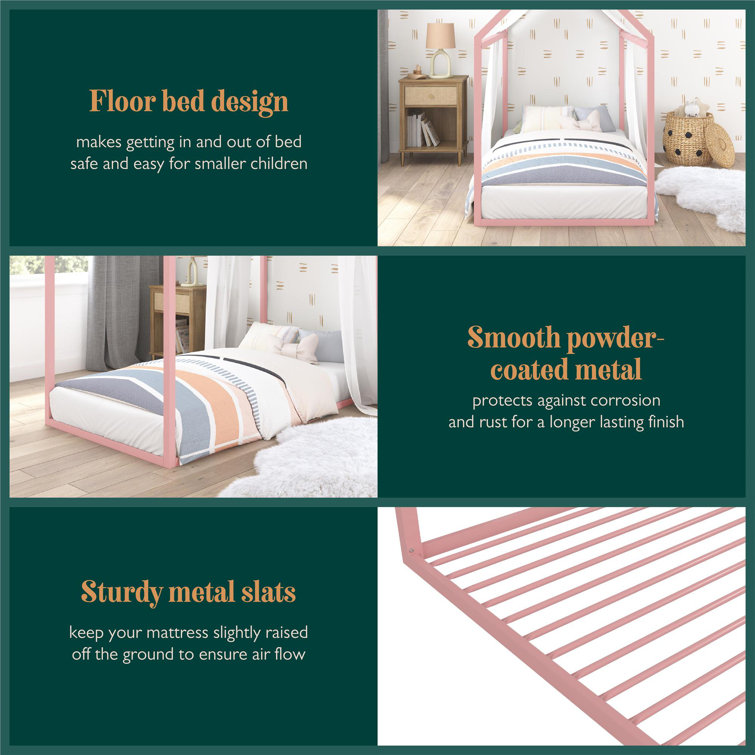 Blush Metal Twin Montessori House Bed with Canopy and Drawer