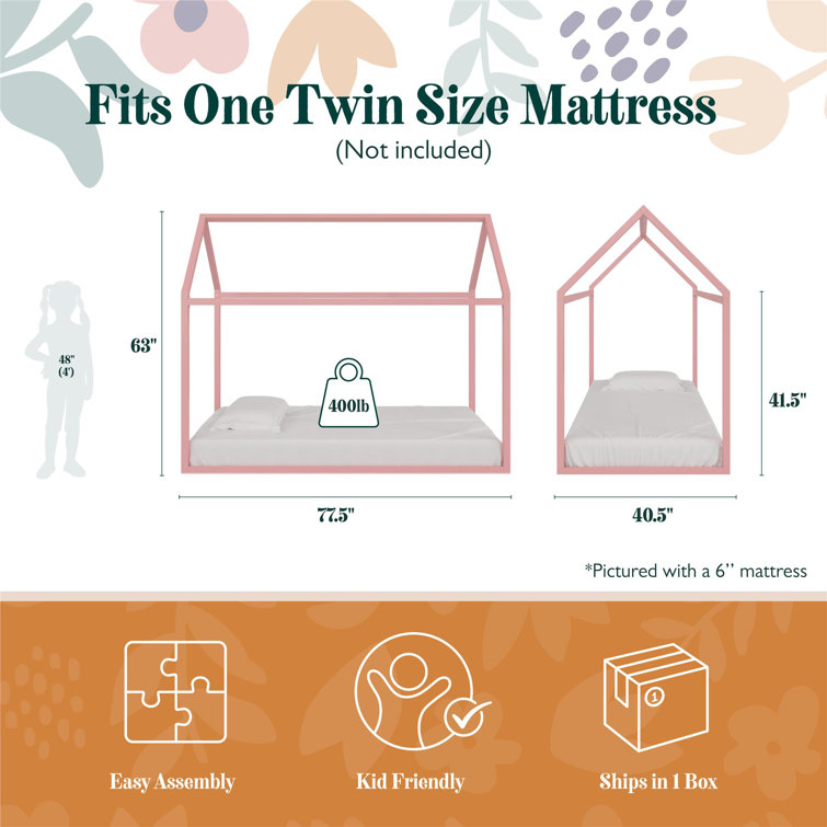 Blush Metal Twin Montessori House Bed with Canopy and Drawer