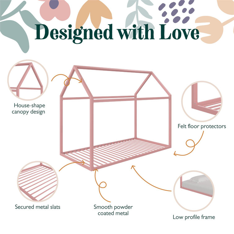 Blush Metal Twin Montessori House Bed with Canopy and Drawer