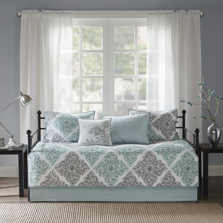 Aqua and Gray Floral Reversible Microfiber Daybed Set