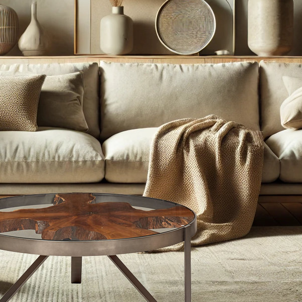 Round Teak and Glass Coffee Table with Galvanized Gray Frame